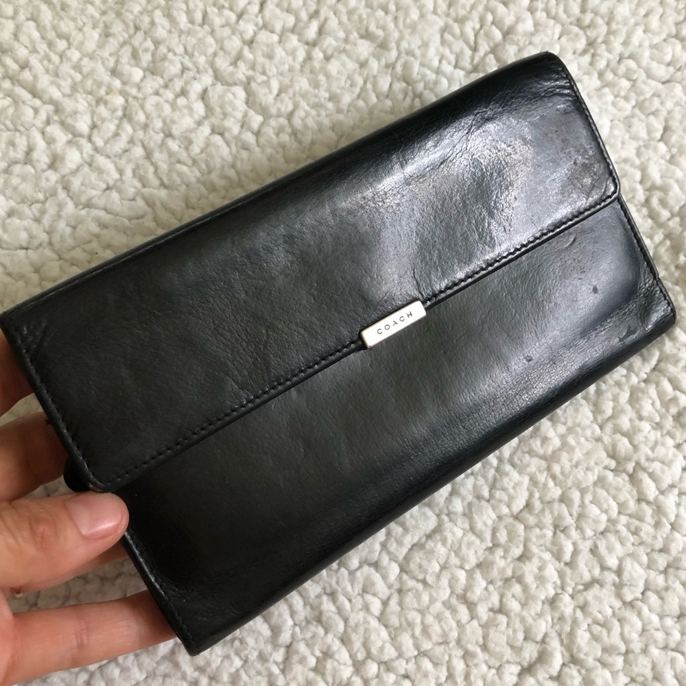 Coach Black Leather Long Wallet with Metal Logo